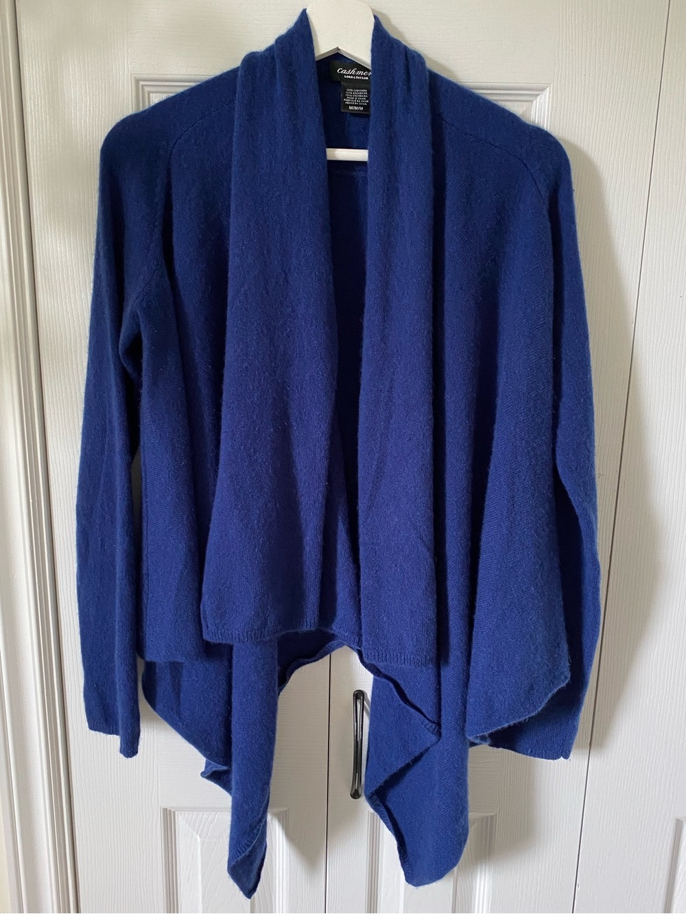 Cashmere Lord & Taylor 100% cashmere Open-Front Draped Cardigan Royal Blue M
